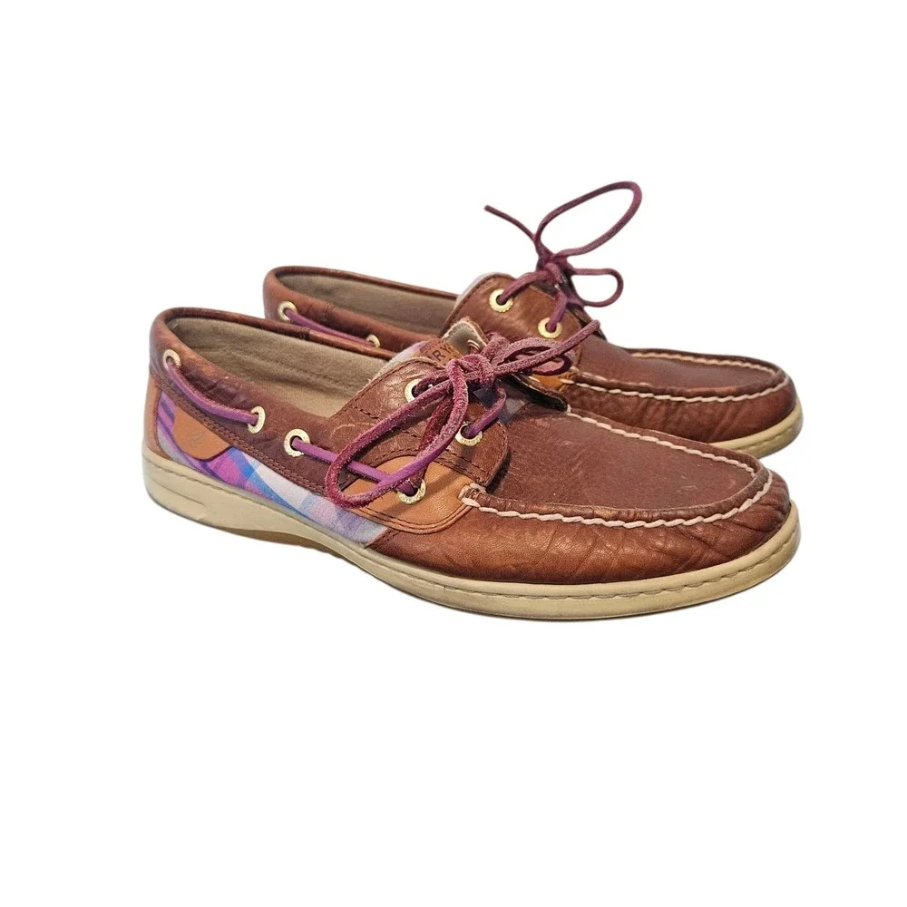 Sperry Top-Sider Brown/Pink Plaid Bluefish Leather Boat Shoe Womens - Size 8M